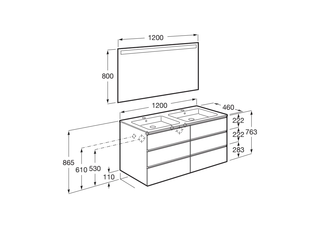 Medidas del pack mueble base de 6 cajones + lavabo doble + espejo LED THE GAP - ROCA