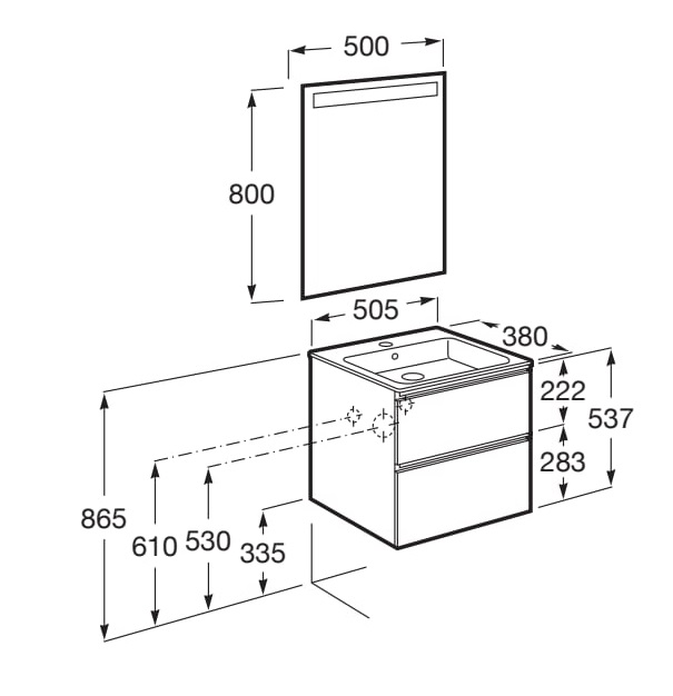 Medidas del pack mueble compacto de 2 cajones + lavabo + espejo LED THE GAP - ROCA