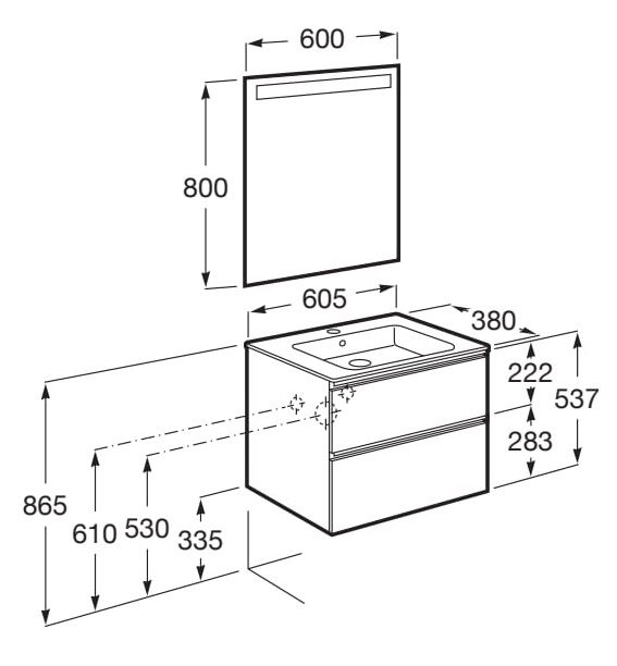Medidas del pack mueble compacto de 2 cajones + lavabo + espejo LED THE GAP - ROCA