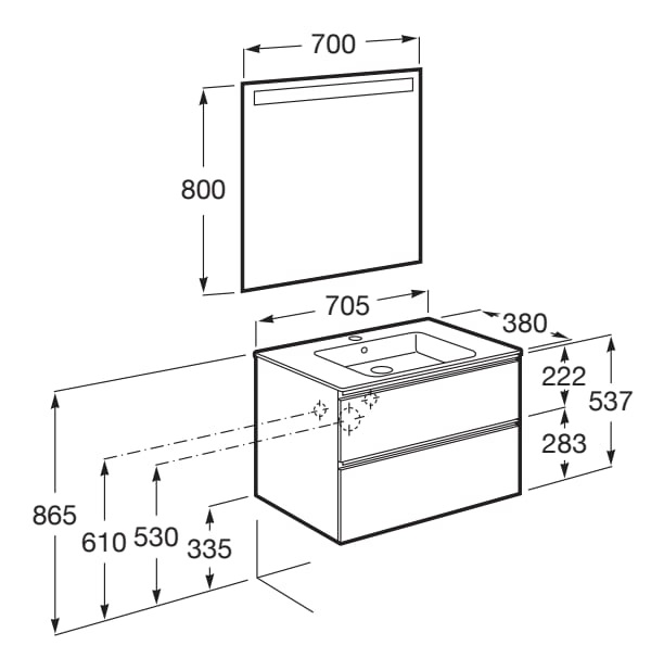 Medidas del pack mueble compacto de 2 cajones + lavabo + espejo LED THE GAP - ROCA