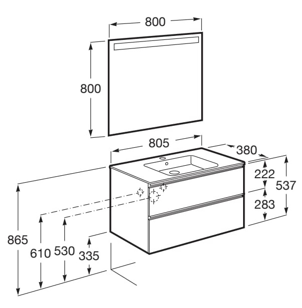 Medidas del pack mueble de 2 cajones 800 mm + lavabo + espejo LED THE GAP - ROCA