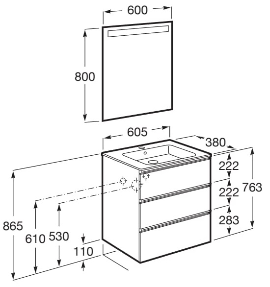 Medidas del pack mueble de 3 cajones, lavabo y espejo LED THE GAP - ROCA