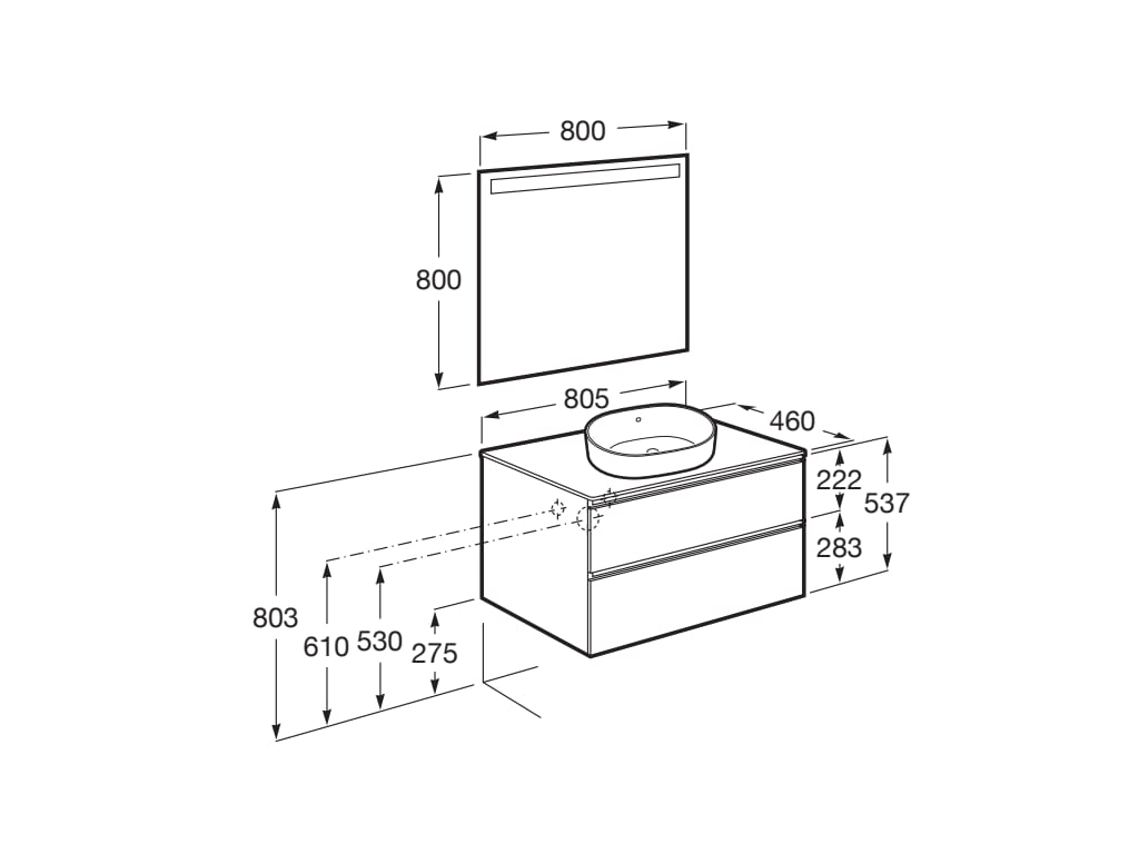 Medidas del pack mueble base para lavabo sobre encimera central + espejo LED THE GAP - ROCA