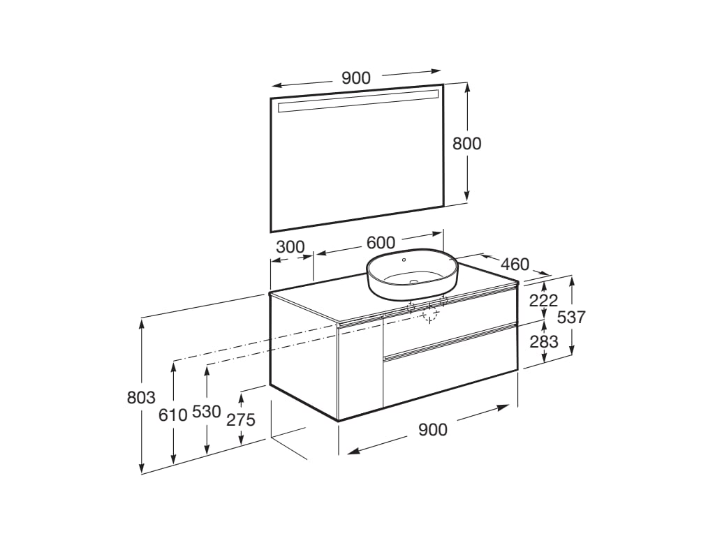 Medidas del pack mueble de 2 cajones para lavabo sobre encimera y espejo LED THE GAP - ROCA