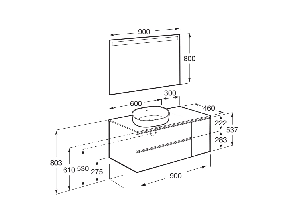 Medidas del pack mueble de 2 cajones para lavabo de sobre encimera y espejo LED THE GAP - ROCA