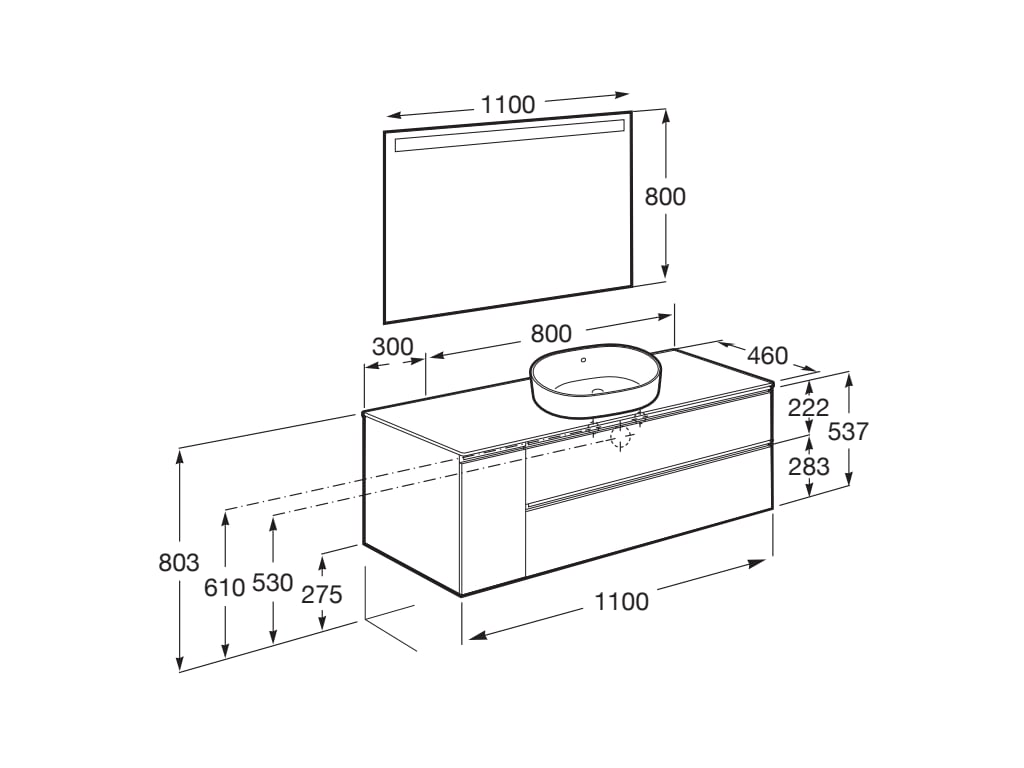 Medidas del pack mueble base de 2 cajones para lavabo de sobre encimera derecha y espejo LED THE GAP - ROCA