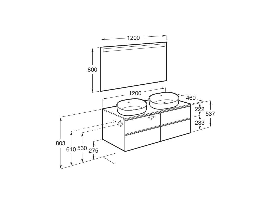 Medidas del pack de mueble base de 4 cajones para dos lavabos y espejo LED THE GAP - ROCA
