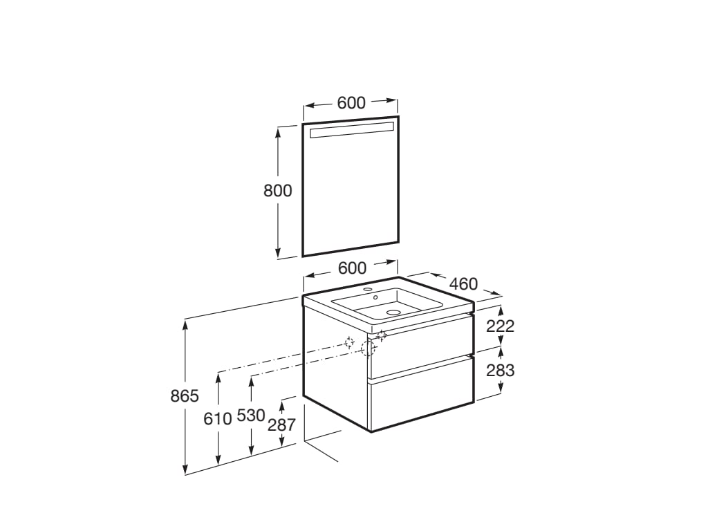 Medidas del pack mueble base de 2 cajones + lavabo + espejo LED DOMI - ROCA