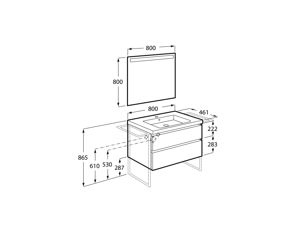 Medidas del pack mueble base de 2 cajones + lavabo + espejo LED DOMI - ROCA