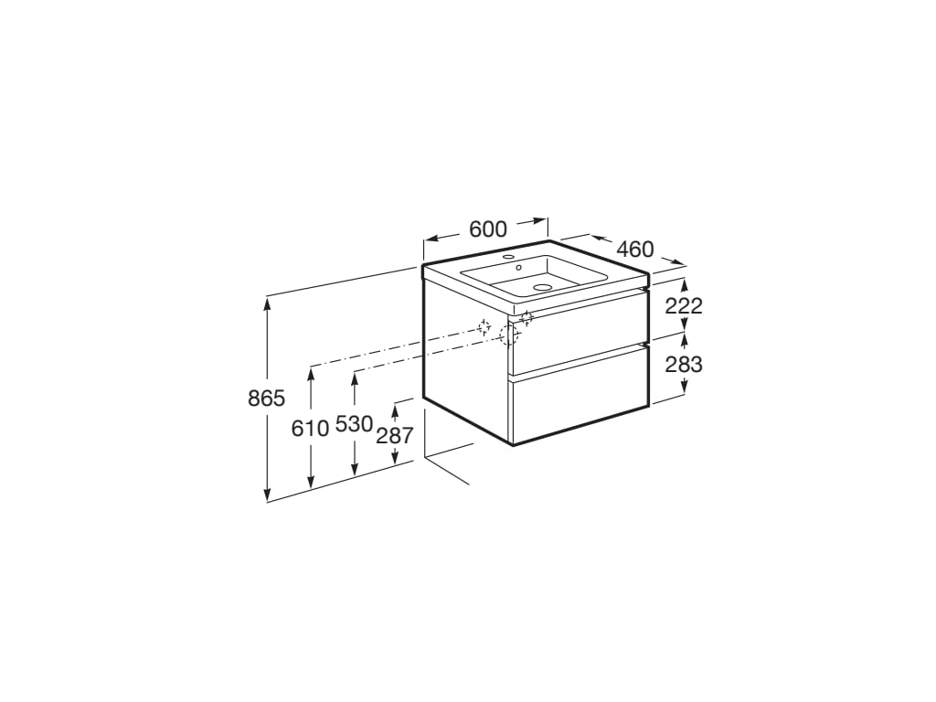 Medidas del pack unik de mueble base de 2 cajones + lavabo DOMI - ROCA