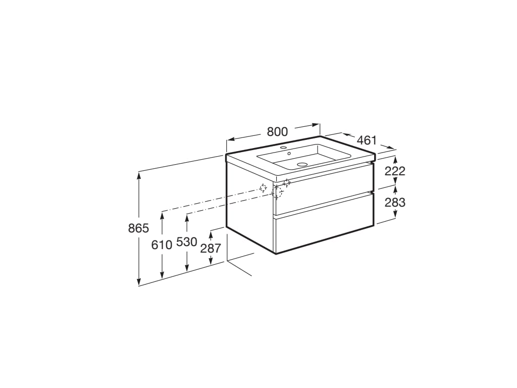 Medidas del pack unik de mueble base de 2 cajones + lavabo DOMI - ROCA