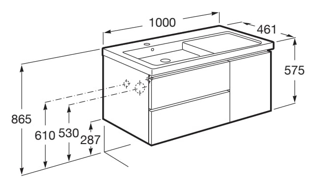 Medidas del pack Unik mueble base de 2 cajones y puerta + lavabo izquierda DOMI - ROCA