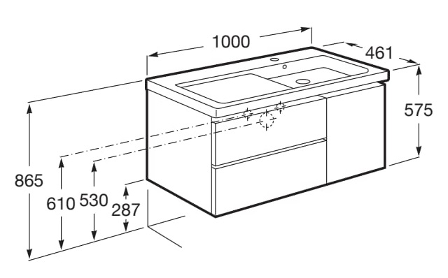 Medidas del pack Unik mueble base de dos cajones y una puerta + lavabo derecha DOMI - ROCA