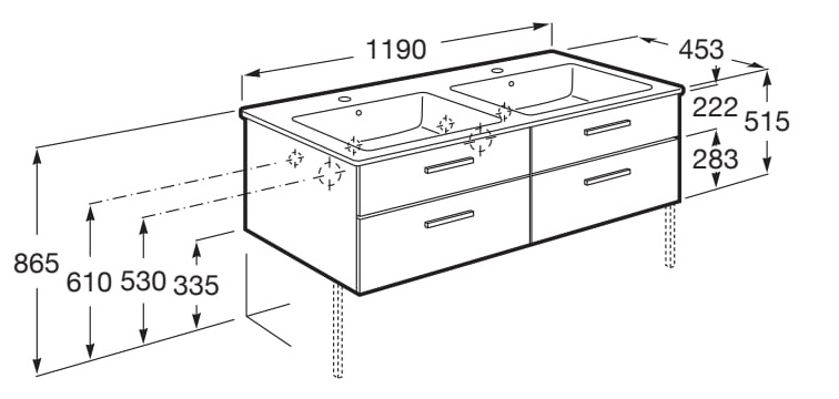Medidas del conjunto de mueble con cuatro cajones y lavabo doble VICTORIA - ROCA