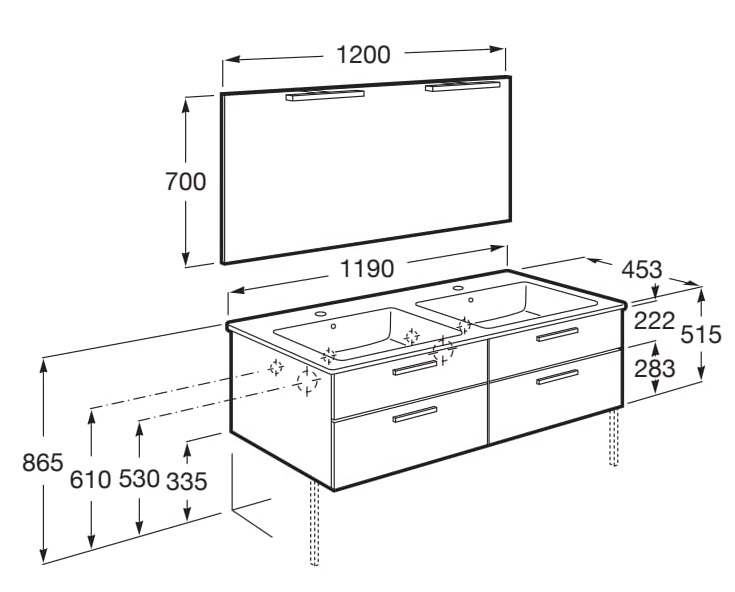 Medidas del pack mueble de 4 cajones + lavabo doble + espejo + apliques LED VICTORIA - ROCA