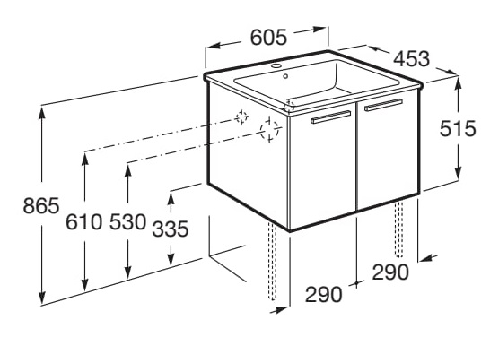 Medidas del pack Unik mueble base con puertas + lavabo VICTORIA - ROCA