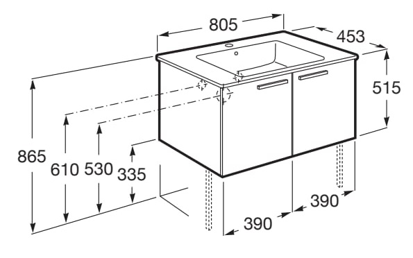 Medidas del pack Unik mueble base con puertas + lavabo VICTORIA - ROCA