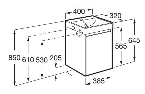 Medidas del pack Unik mueble de una puerta + lavabo para grifería centrada ONA - ROCA
