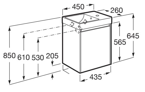 Medidas del pack Unik mueble de 1 puerta + lavabo + agujero para grifería a la derecha ONA - ROCA