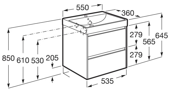 Medidas del pack Unik mueble base blanco compacto de 2 cajones + lavabo ONA - ROCA