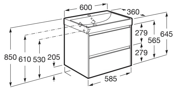 Medidas del pack Unik mueble base roble compacto de 2 cajones + lavabo ONA - ROCA