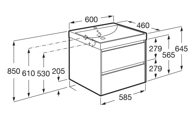 Medidas del pack Unik mueble de 2 cajones + lavabo ONA - ROCA