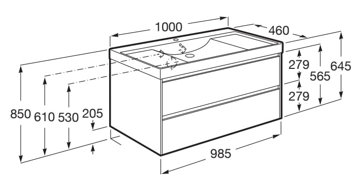 Medidas del pack Unik mueble base de 2 cajones + lavabo ONA - ROCA
