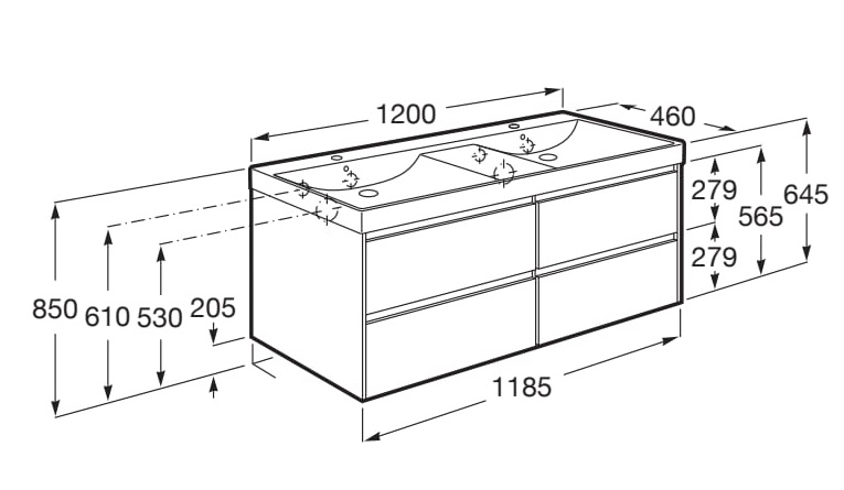 Medidas del pack Unik mueble de 4 cajones + lavabo doble ONA - ROCA