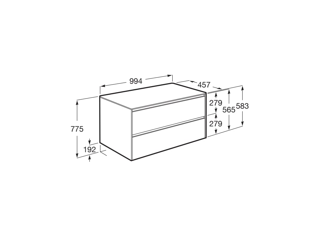 Medidas del mueble base de dos cajones para lavabo sobre encimera ONA - ROCA