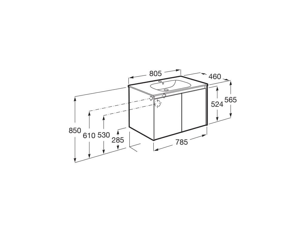 Medidas del pack Unik mueble de 2 puertas + lavabo TENET - ROCA