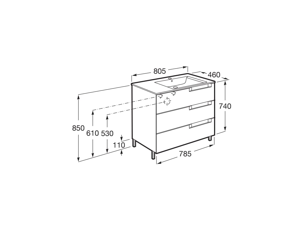 Medidas del pack Unik mueble de 3 cajones + lavabo a la derecha ALEYDA - ROCA