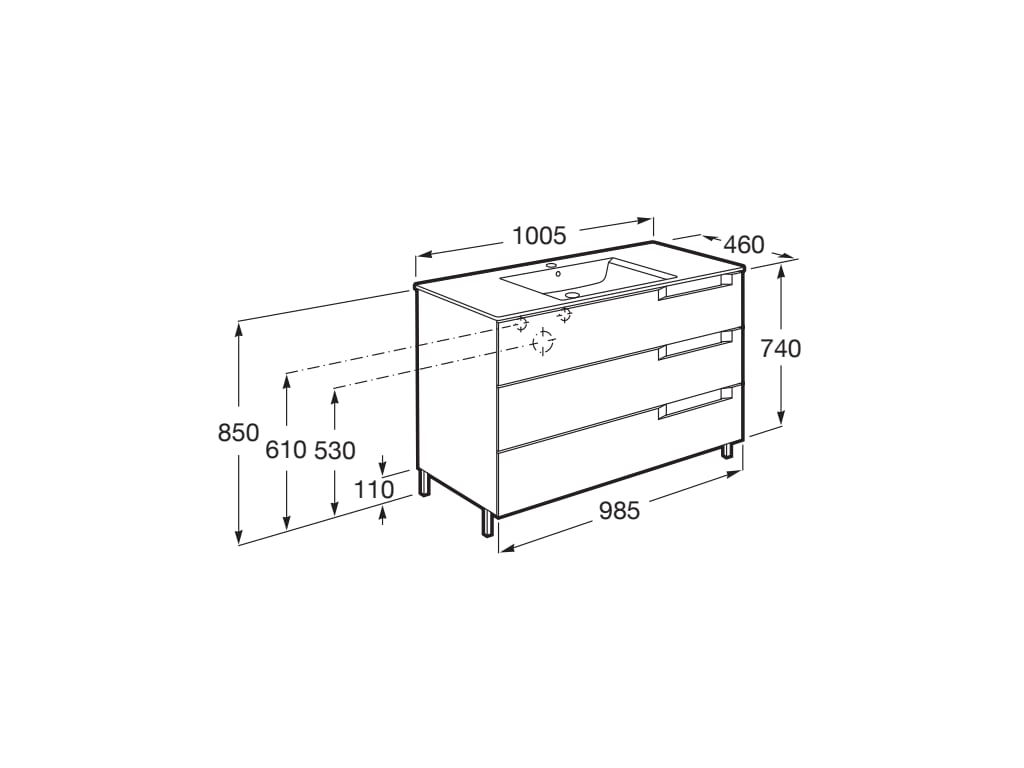 Medidas del pack Unik de 3 cajones + lavabo en el centro ALEYDA - ROCA