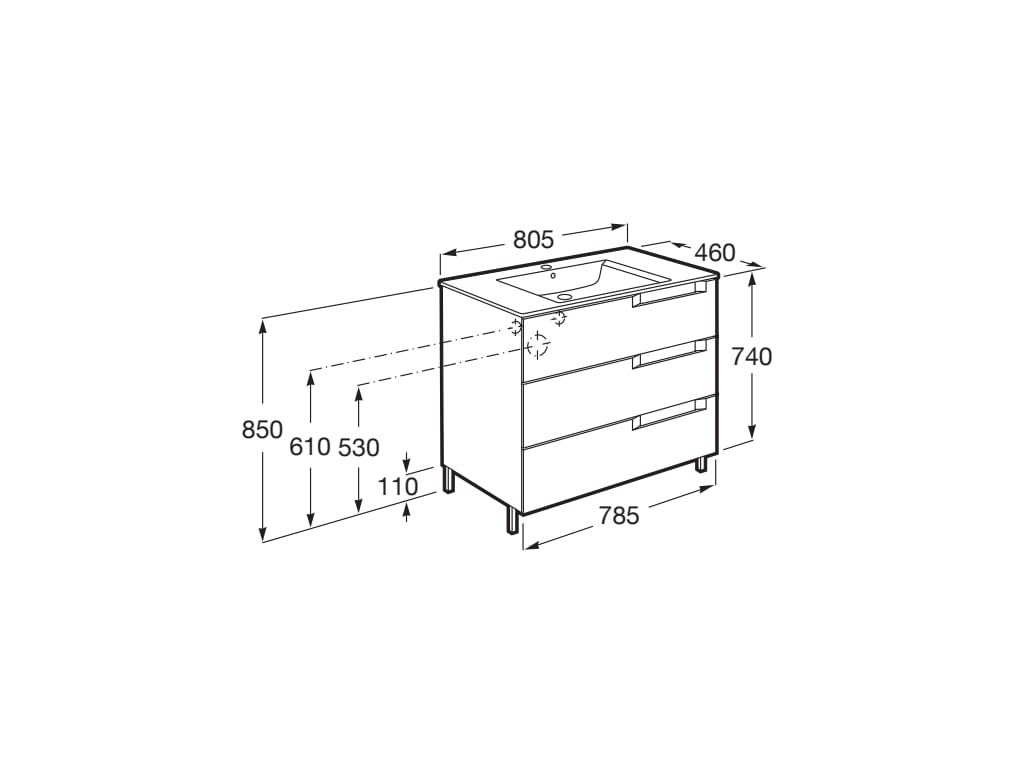Medidas del pack Unik de 3 cajones + lavabo en el centro ALEYDA - ROCA