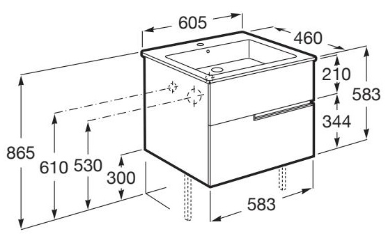 Medidas del pack unik mueble base de 2 cajones + lavabo VICTORIA-N - ROCA