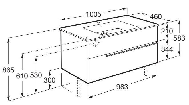 Medidas del pack mueble base de dos cajones + lavabo Unik VICTORIA-N - ROCA
