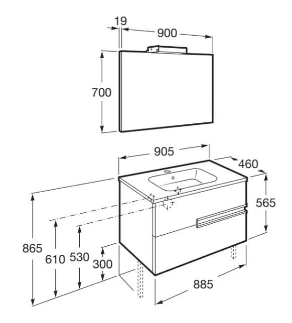 Medidas del pack mueble base + lavabo + espejo con aplique LED VICTORIA-N - ROCA