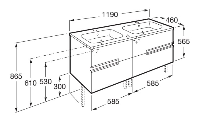 Medidas del pack Unik mueble base + lavabo doble VICTORIA-N - ROCA