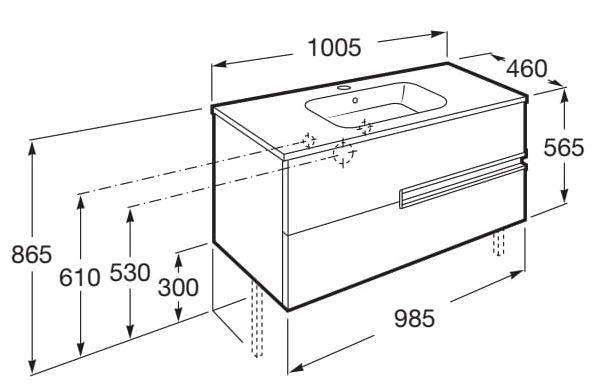 Medidas del mueble base de 2 cajones + lavabo Unik VICTORIA-N - ROCA