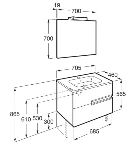 Medidas del pack mueble base + lavabo + espejo con aplique LED VICTORIA-N - ROCA