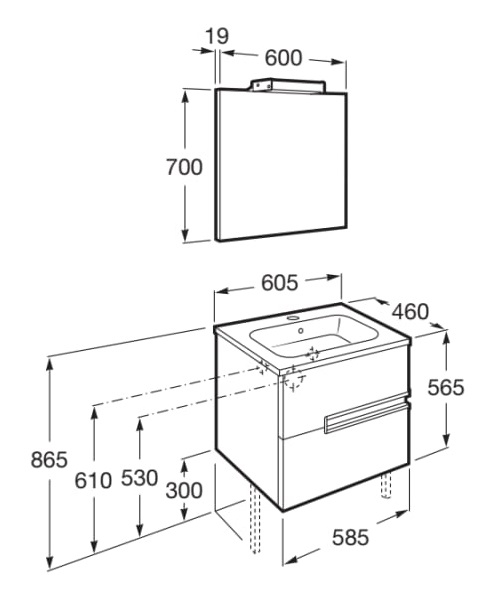 Medidas del pack mueble + lavabo + espejo con aplique LED VICTORIA-N - ROCA