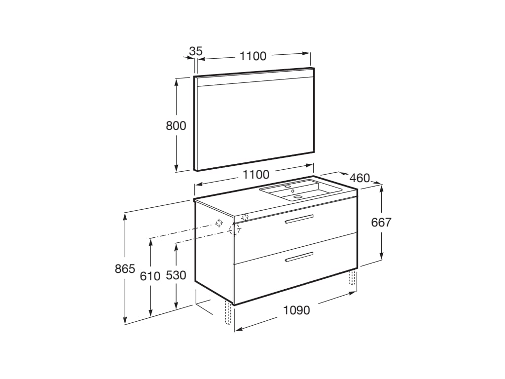 Medidas del pack mueble base con 2 cajones, lavabo y espejo LED PRISMA - ROCA