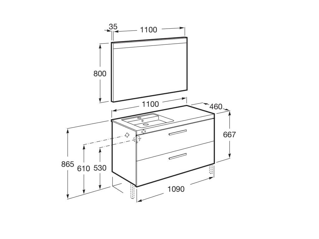 Medidas del pack mueble base con 2 cajones, lavabo y espejo LED PRISMA - ROCA