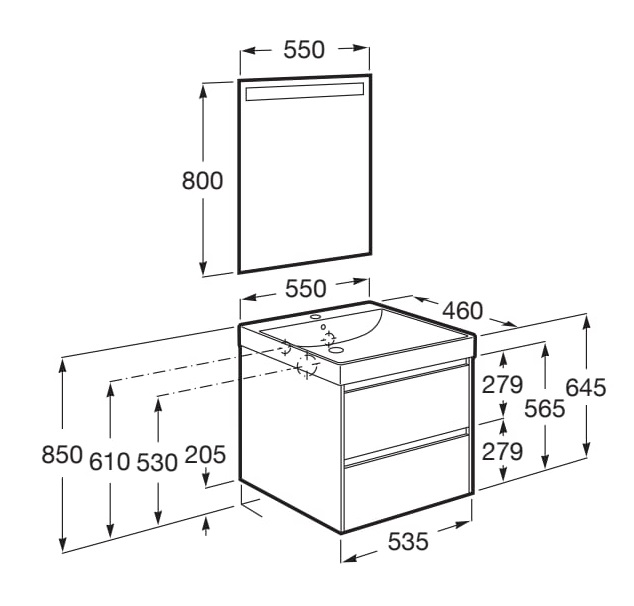 Medidas del pack Unik mueble roble claro de dos cajones + lavabo ONA - ROCA