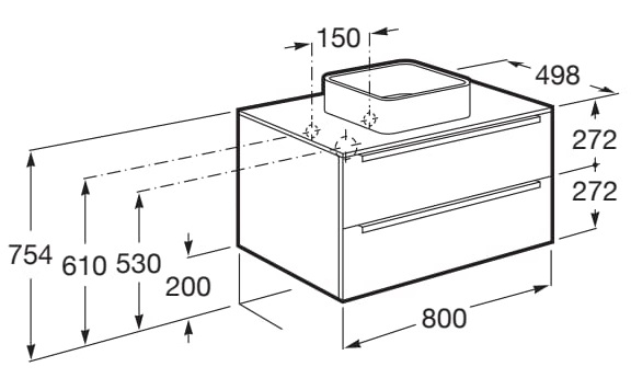 Medidas del mueble de 2 cajones sobre encimera (ancho 800 mm) INSPIRA - ROCA