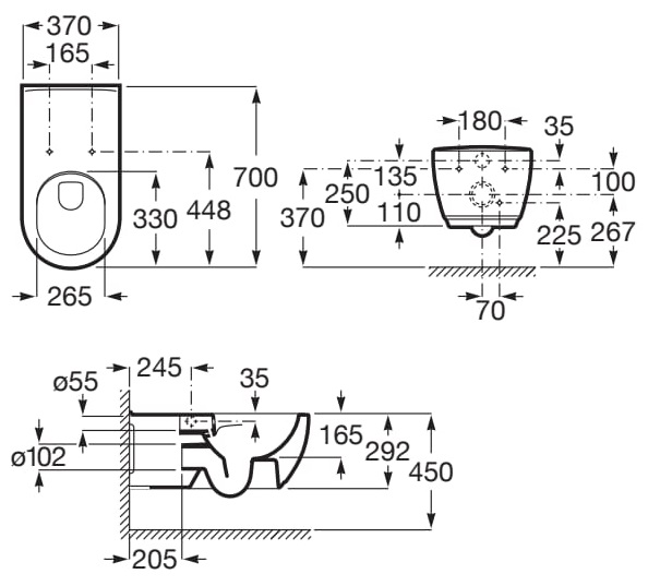Medidas de la taza suspendida Rimless® ACCESS - ROCA