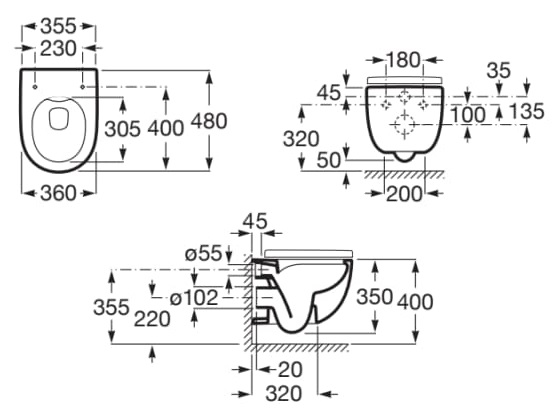 Medidas de la taza Rimless® suspendida compacta MERIDIAN - ROCA