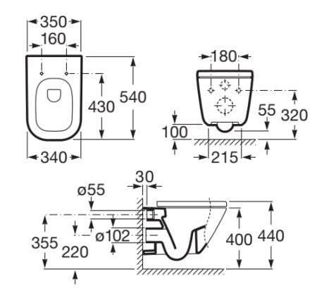 Medidas de la taza de inodoro suspendida con salida horizontal THE GAP - ROCA