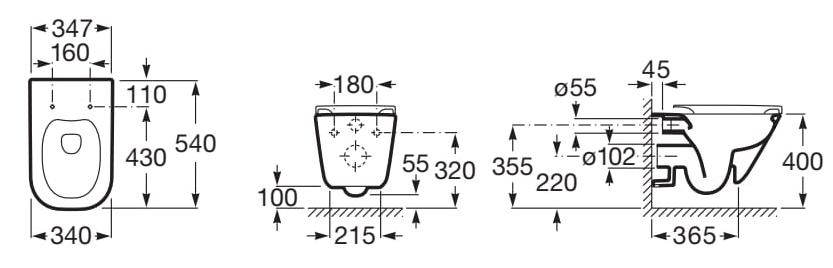 Medidas de la taza suspendida Rimless con salida horizontal SQUARE THE GAP - ROCA