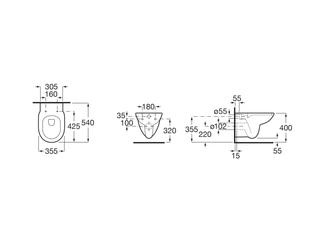 Medidas de la taza suspendida Rimless con salida horizontal ROUND DEBBA - ROCA