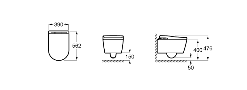 Medidas del smart toilet suspendido In-Wash Rimless INSPIRA - ROCA